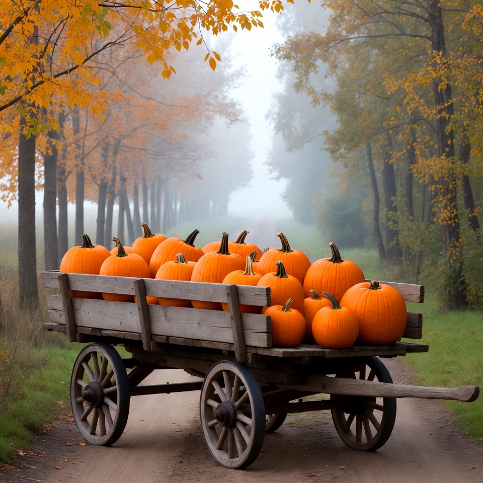 Wooden Cart Loaded with Orange Pumpkins Wooden Cart Loaded with Orange Pumpkins