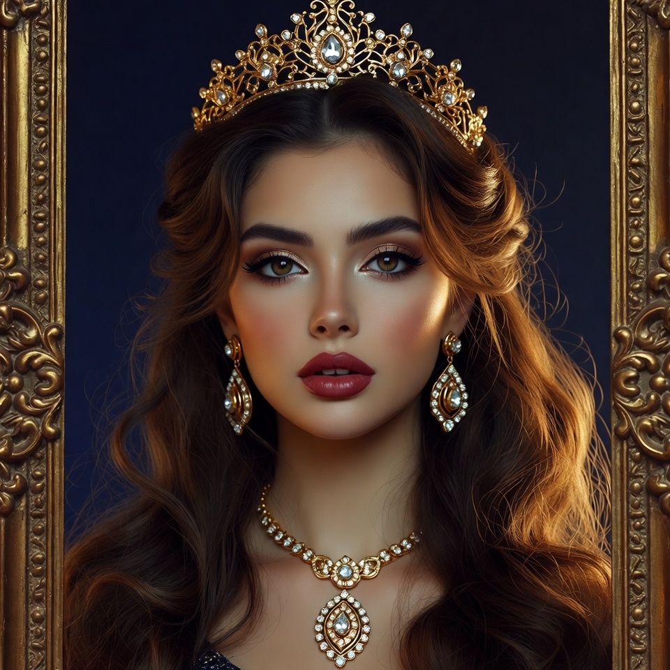 Woman wearing golden crown and jewelry Woman wearing golden crown and jewelry