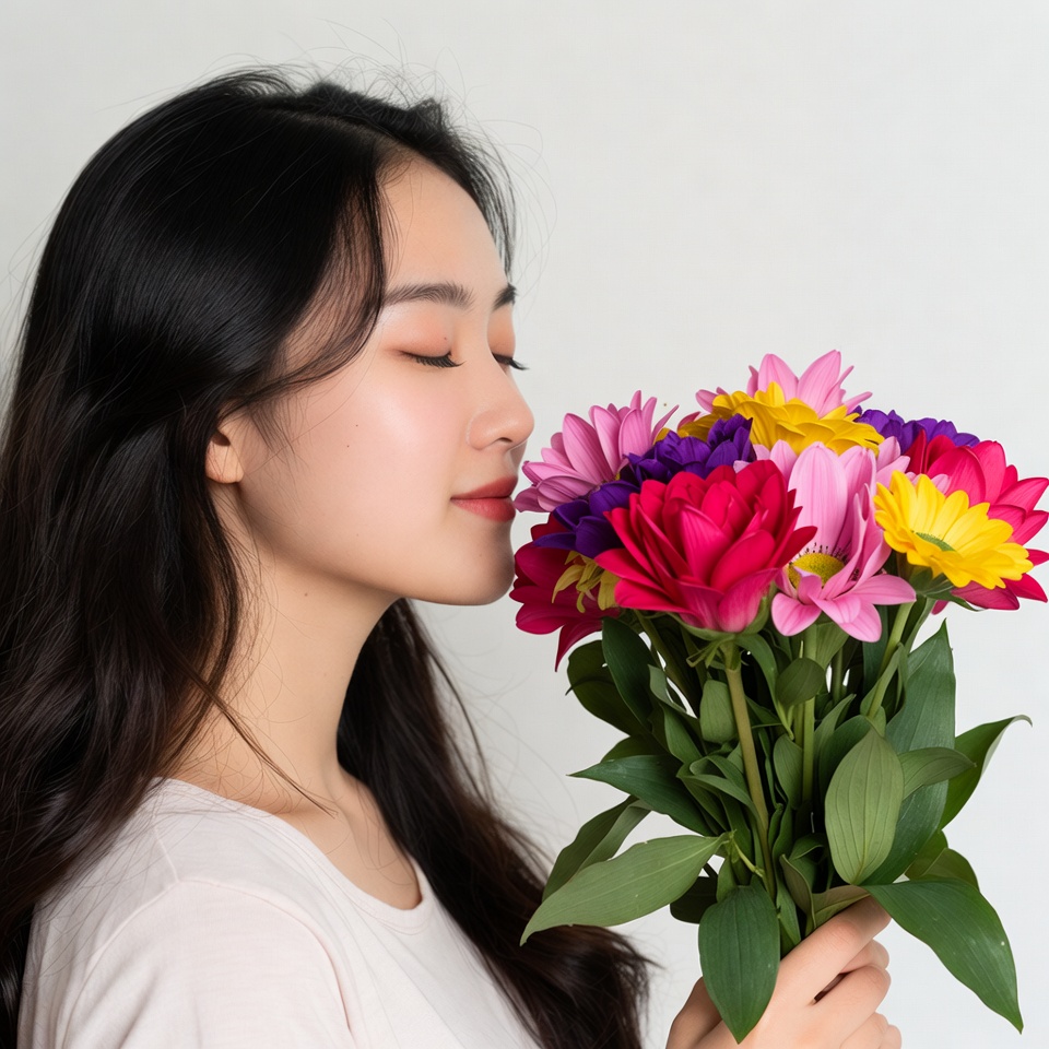 Asian woman smelling colorful bouquet Asian woman smelling colorful bouquet