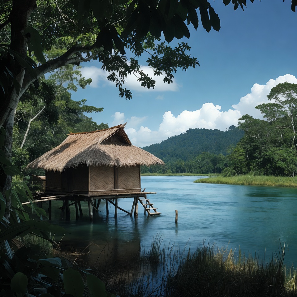 Stilt House on Tropical River Stilt House on Tropical River