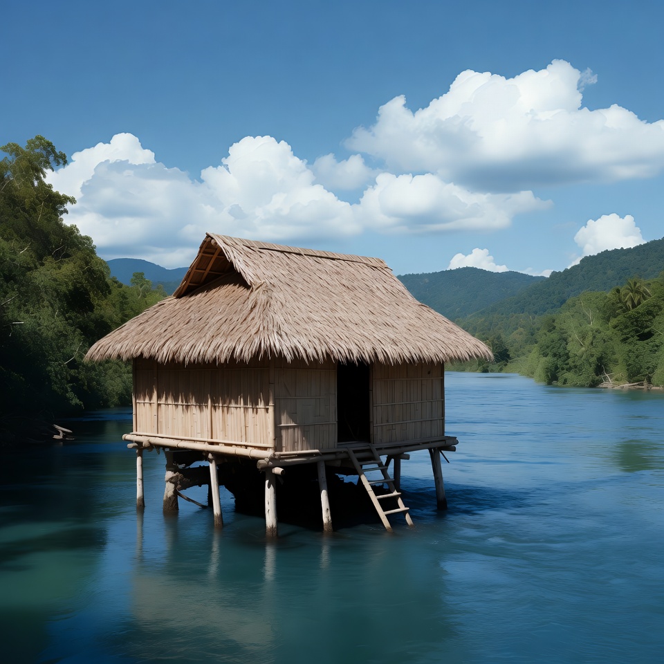 Stilt House on River with Mountains Stilt House on River with Mountains