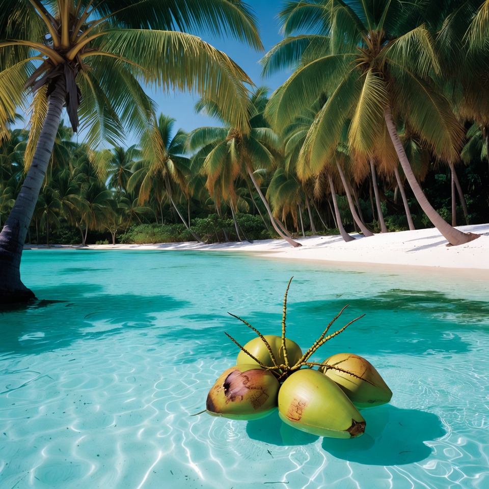 Coconut Cluster Floating in Tropical Lagoon Coconut Cluster Floating in Tropical Lagoon