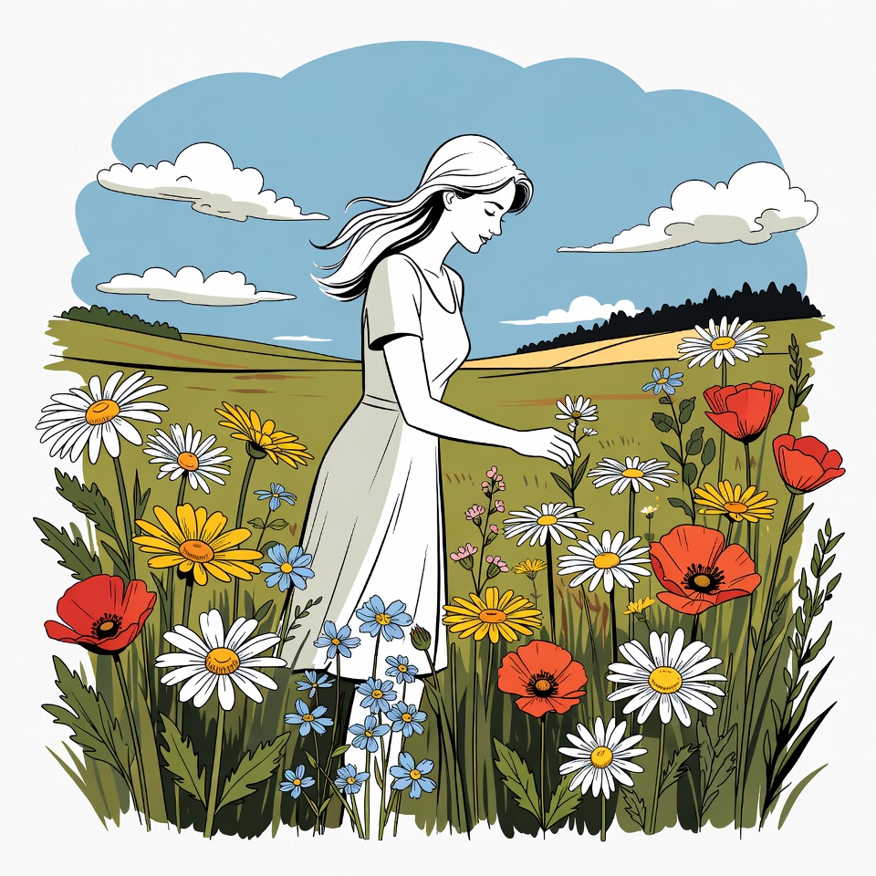 Woman picking flowers in field Woman picking flowers in field