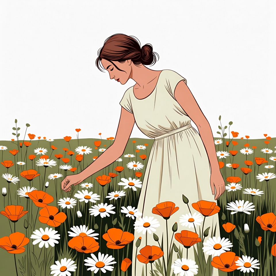 Woman touching orange flowers Woman touching orange flowers