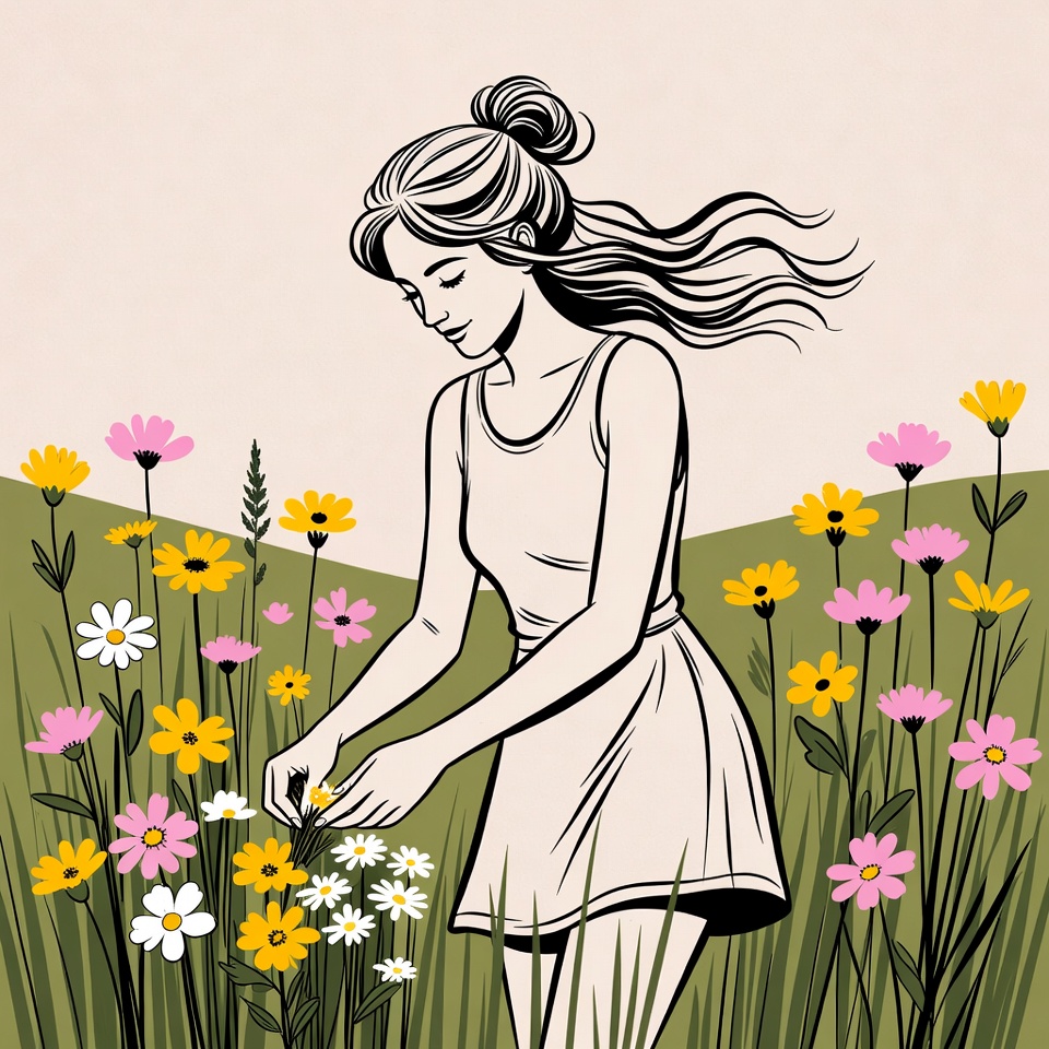 Woman picking flowers in field Woman picking flowers in field