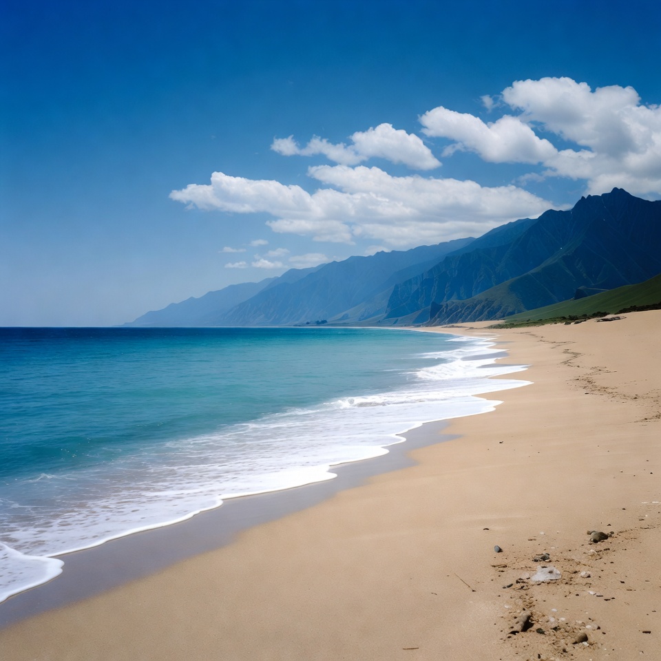 Sandy Beach with Mountains and Ocean Sandy Beach with Mountains and Ocean