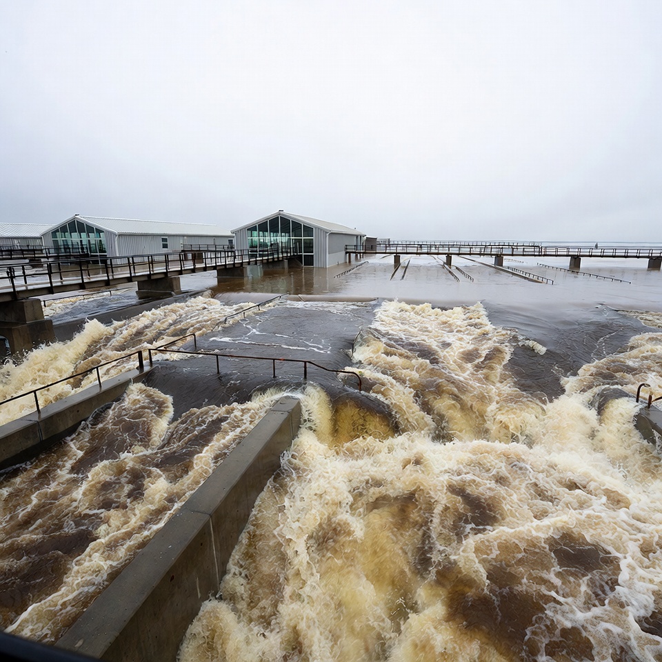 Spilling Dam with Walkways and Buildings Spilling Dam with Walkways and Buildings