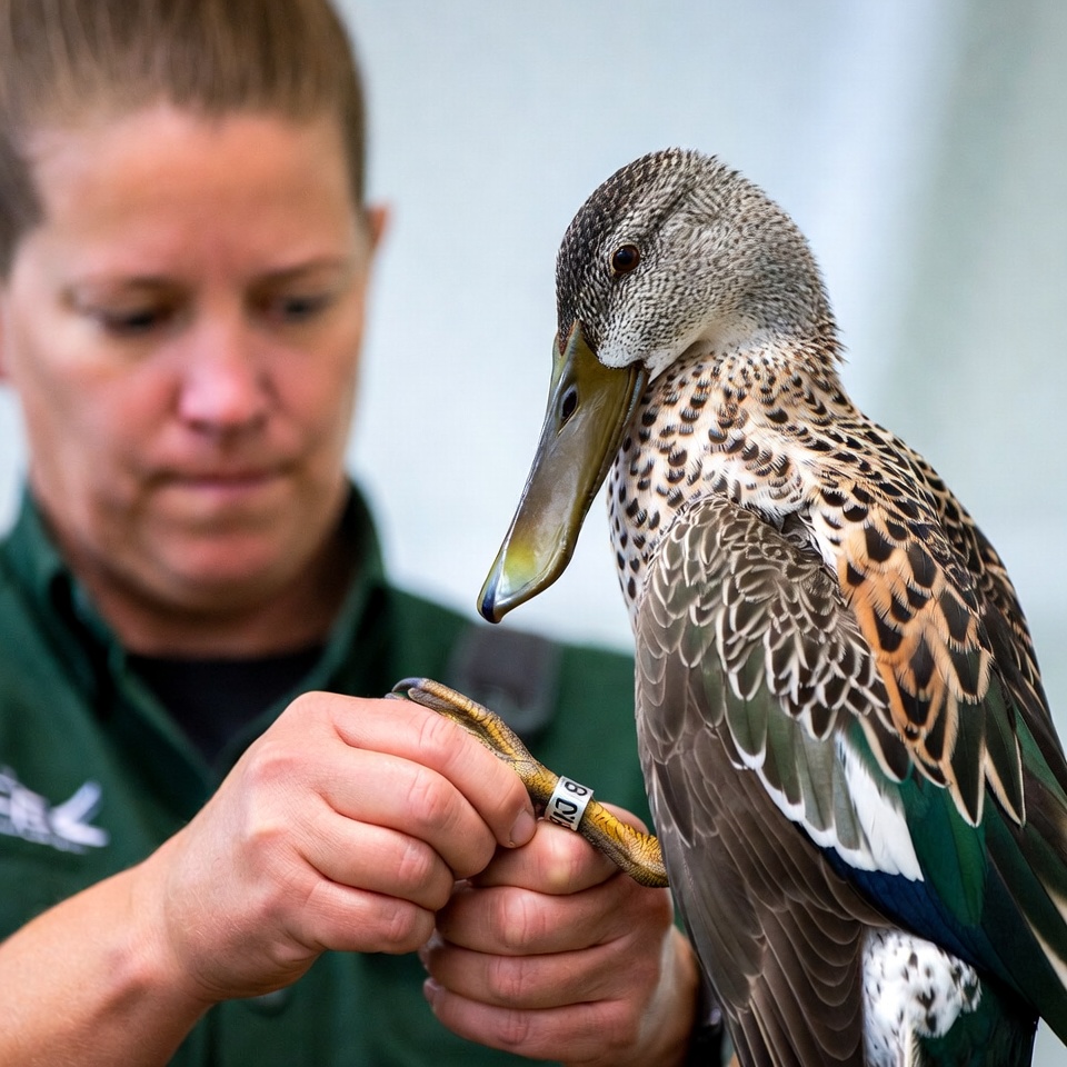 Woman holding banded duck Woman holding banded duck