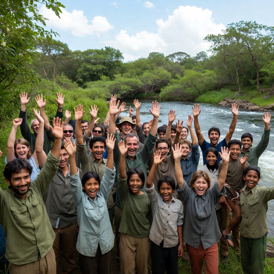 Group of safari guides raising hands by river Group of safari guides raising hands by river
