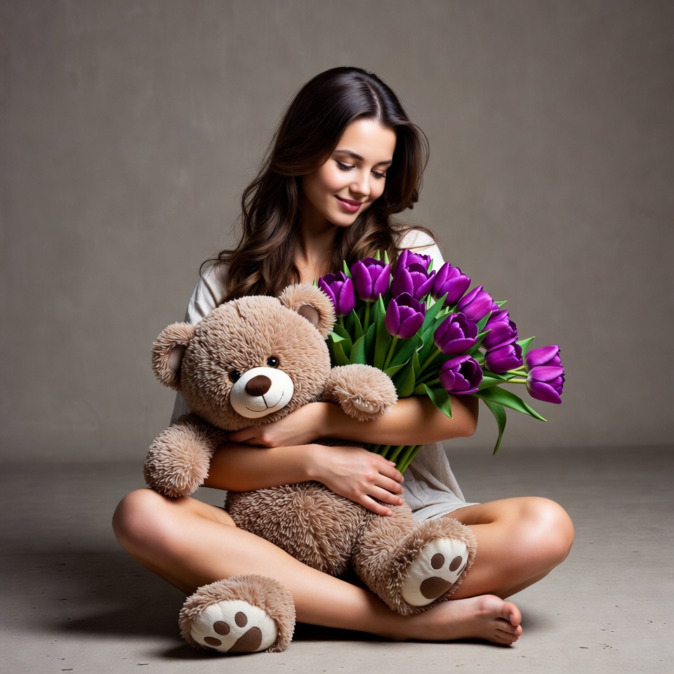 Woman holding teddy bear and tulips Woman holding teddy bear and tulips