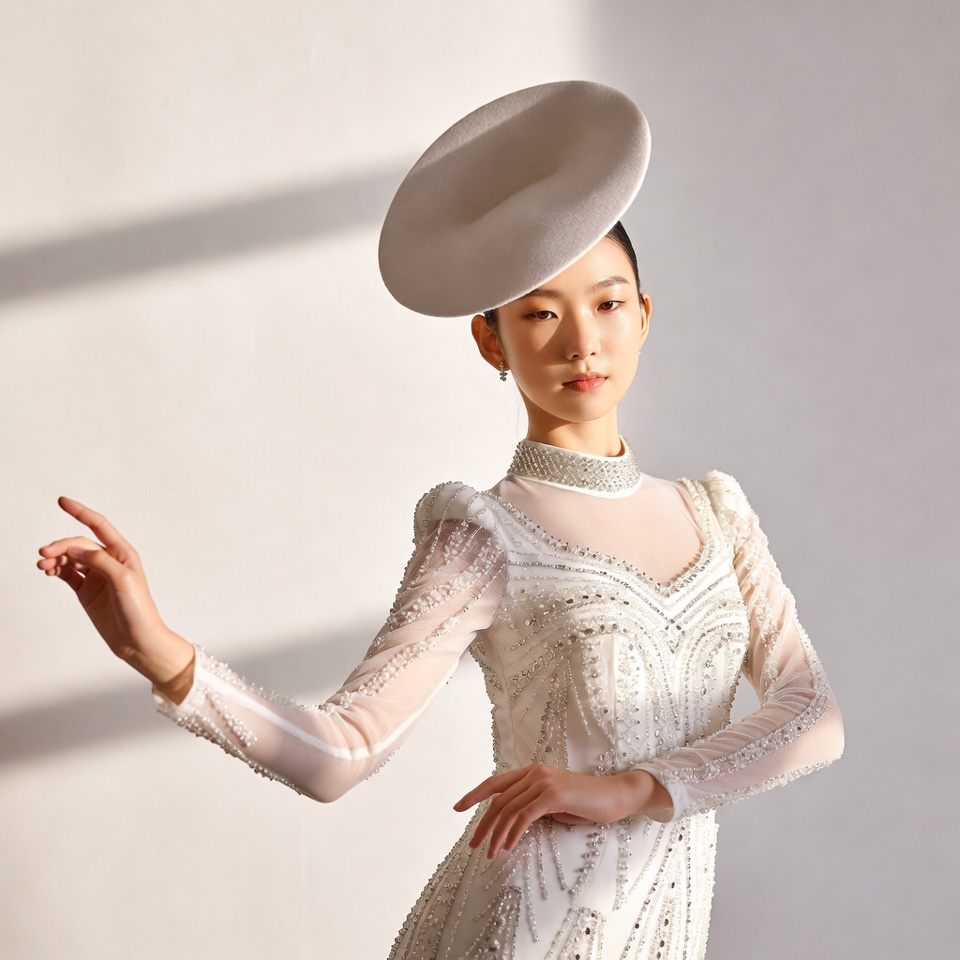 Asian woman in beaded gown with hat Asian woman in beaded gown with hat