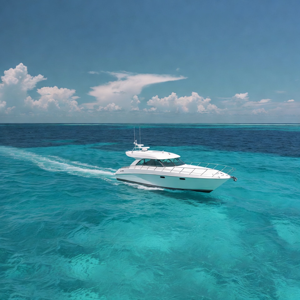 White yacht speeding in turquoise ocean White yacht speeding in turquoise ocean