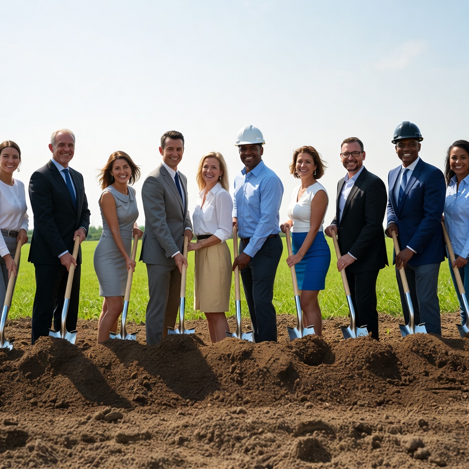 Diverse business team ground breaking ceremony Diverse business team ground breaking ceremony