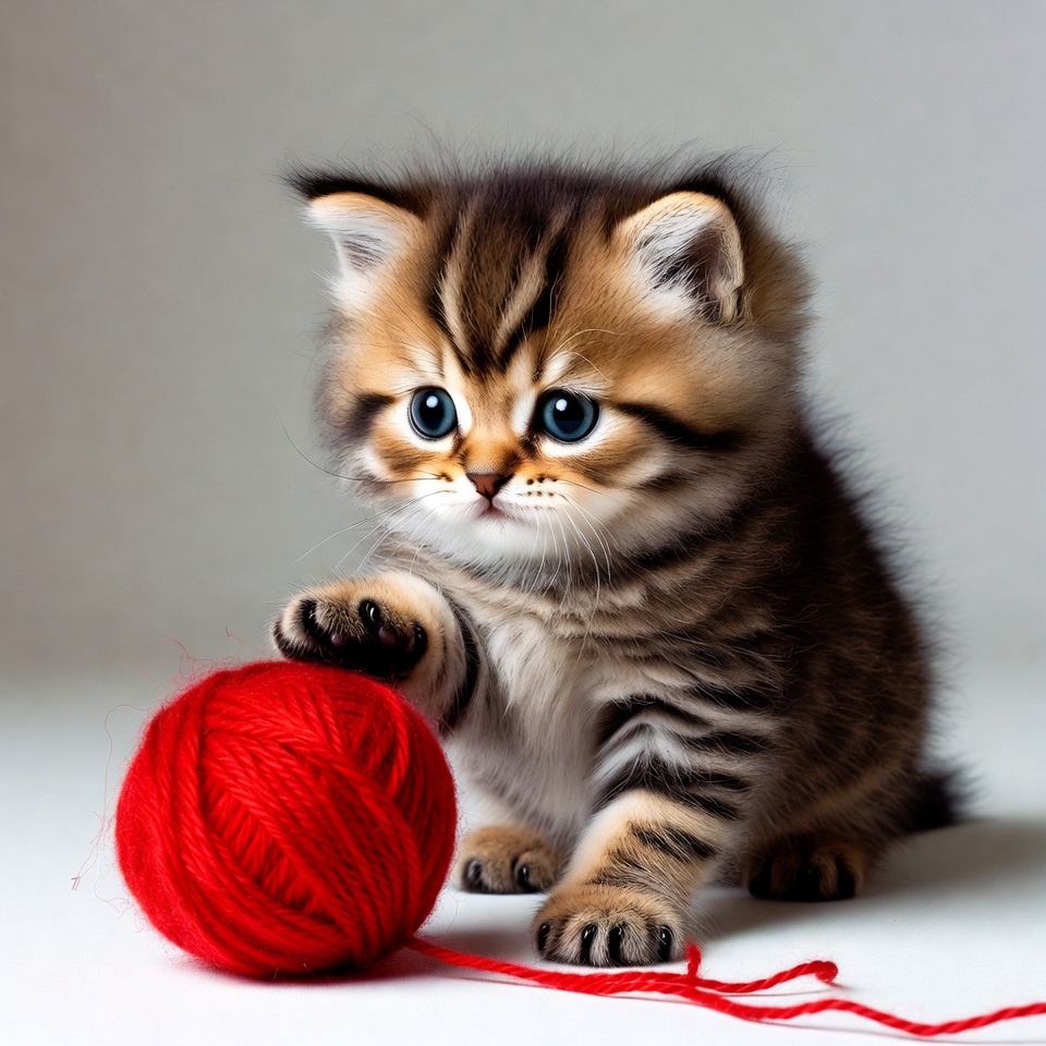 Kitten playing with red yarn ball Kitten playing with red yarn ball