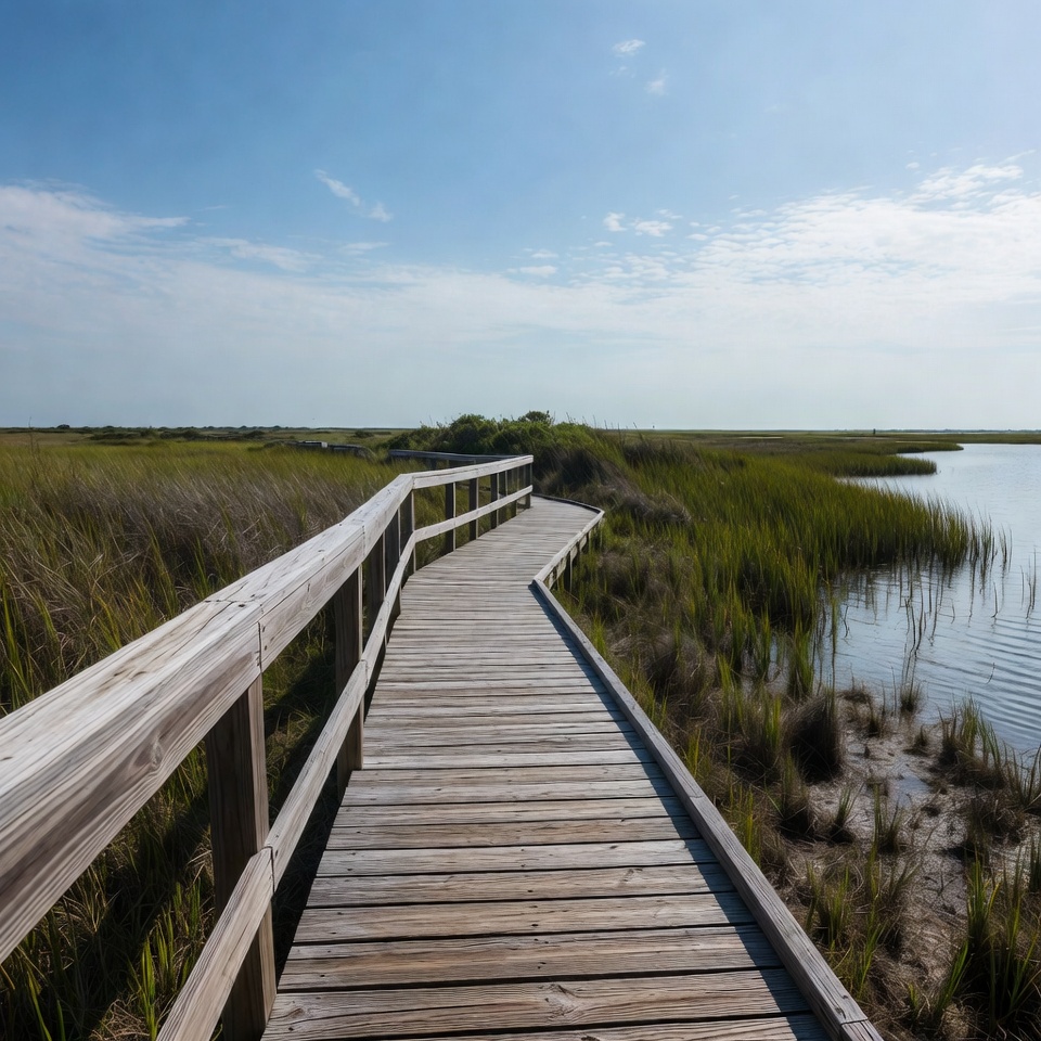 Wooden boardwalk through marshland Wooden boardwalk through marshland