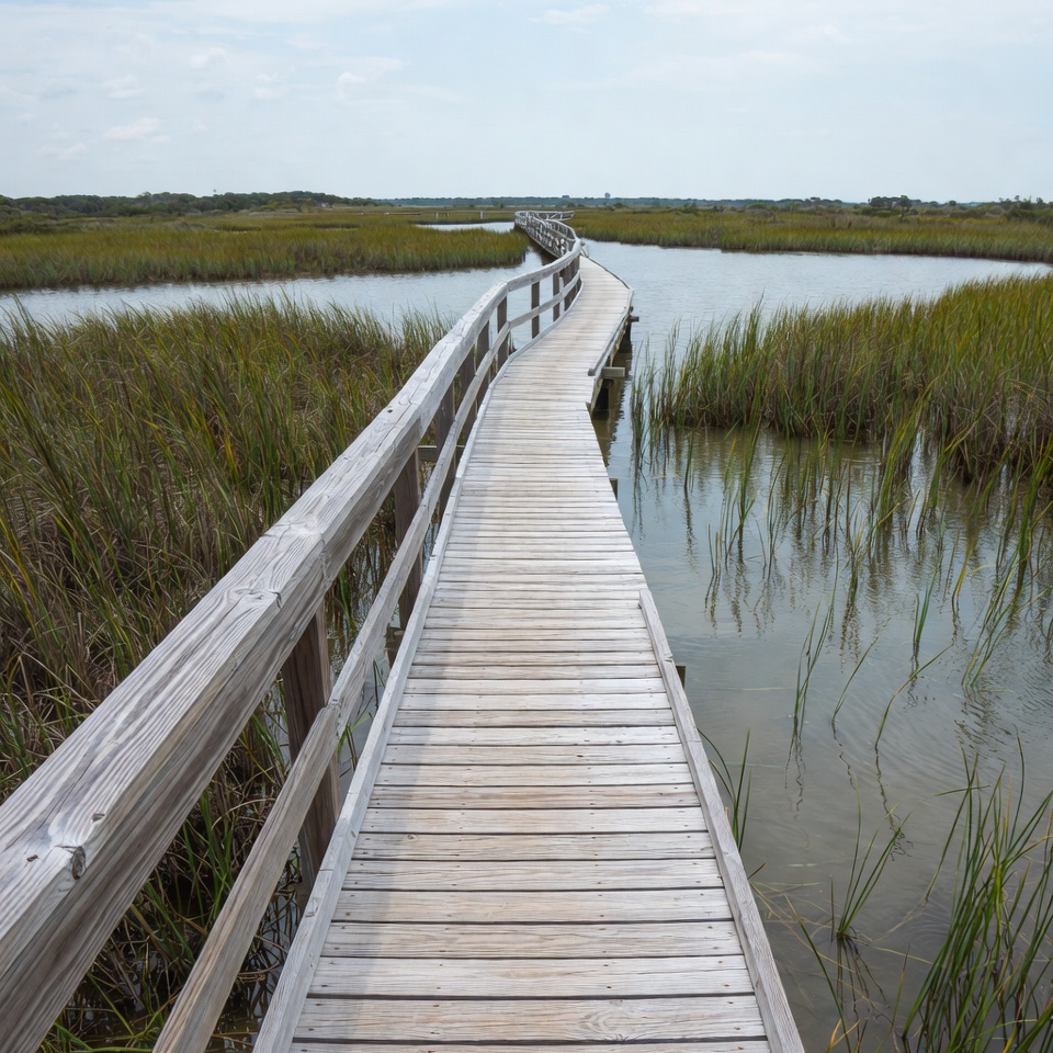 Wooden boardwalk through marshland Wooden boardwalk through marshland