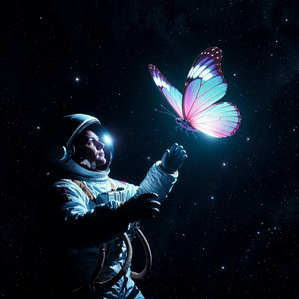 Astronaut holding glowing butterfly in space Astronaut holding glowing butterfly in space