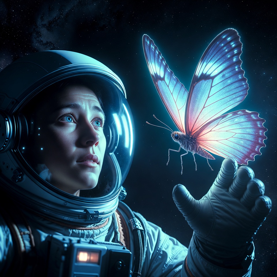 Astronaut woman holding glowing butterfly Astronaut woman holding glowing butterfly