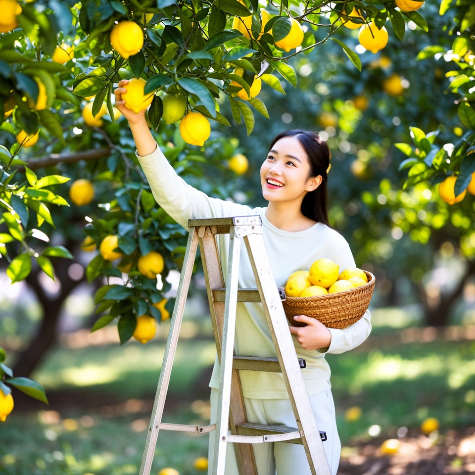 Asian woman picking lemons from tree Asian woman picking lemons from tree