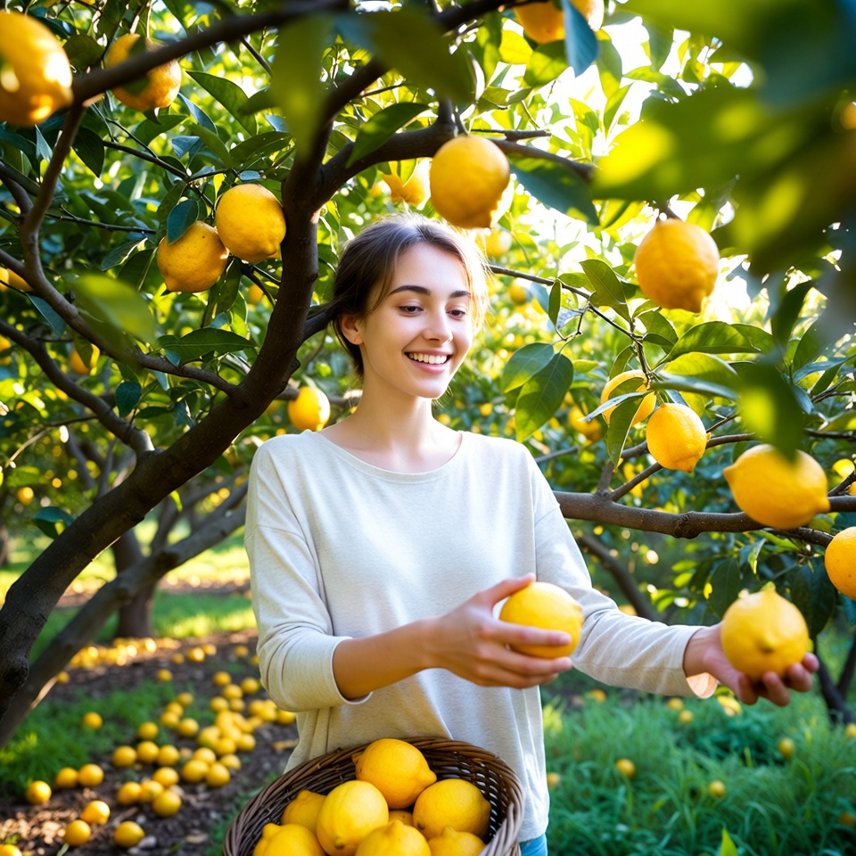 Young woman picking lemons from tree Young woman picking lemons from tree