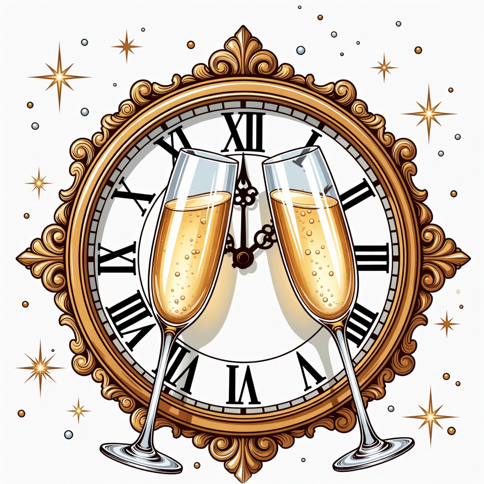 Champagne Glasses on New Year's Clock Champagne Glasses on New Year's Clock