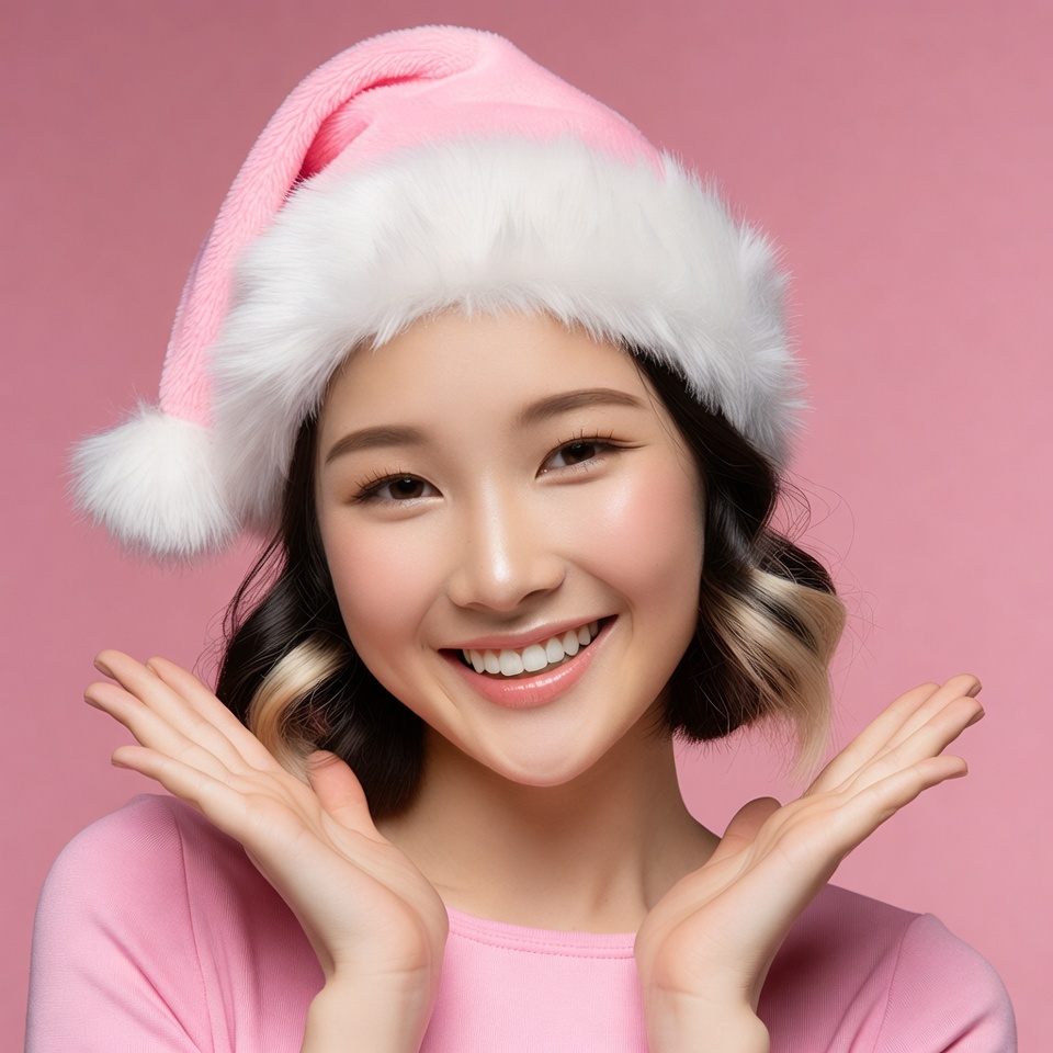 Asian woman in pink Santa hat Asian woman in pink Santa hat