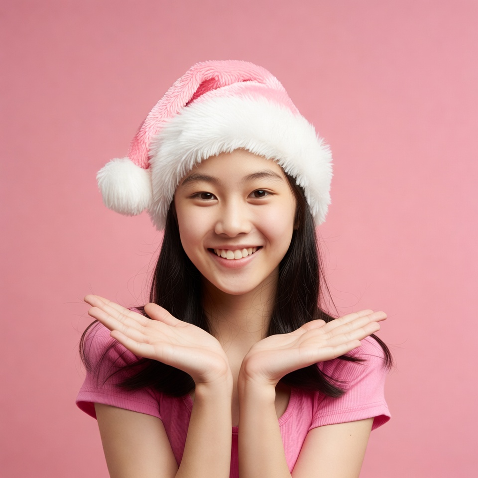 Asian girl in pink Santa hat Asian girl in pink Santa hat