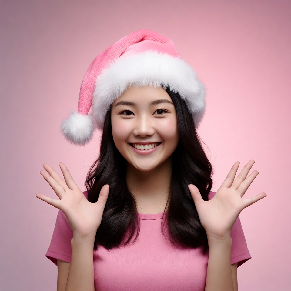 Asian woman in pink Santa hat Asian woman in pink Santa hat