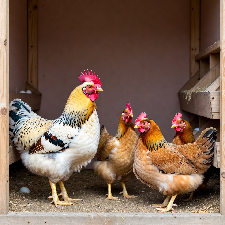 Rooster with hens in coop Rooster with hens in coop