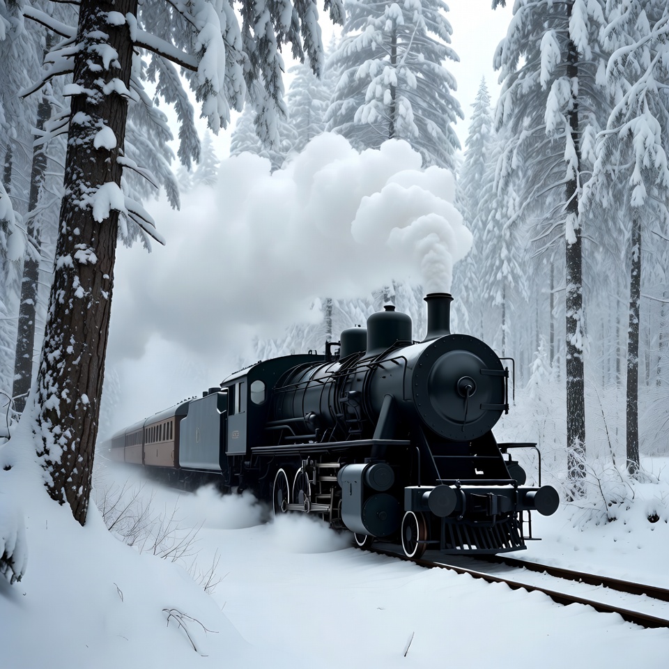 Steam train in snowy forest Steam train in snowy forest