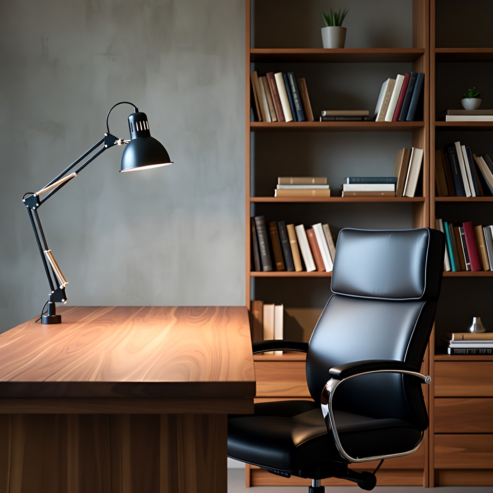 Modern Wooden Desk with Bookshelf and Lamp Modern Wooden Desk with Bookshelf and Lamp