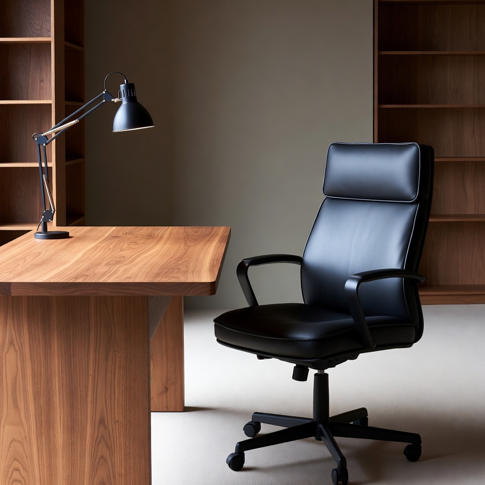 Modern Wooden Desk with Black Leather Chair Modern Wooden Desk with Black Leather Chair