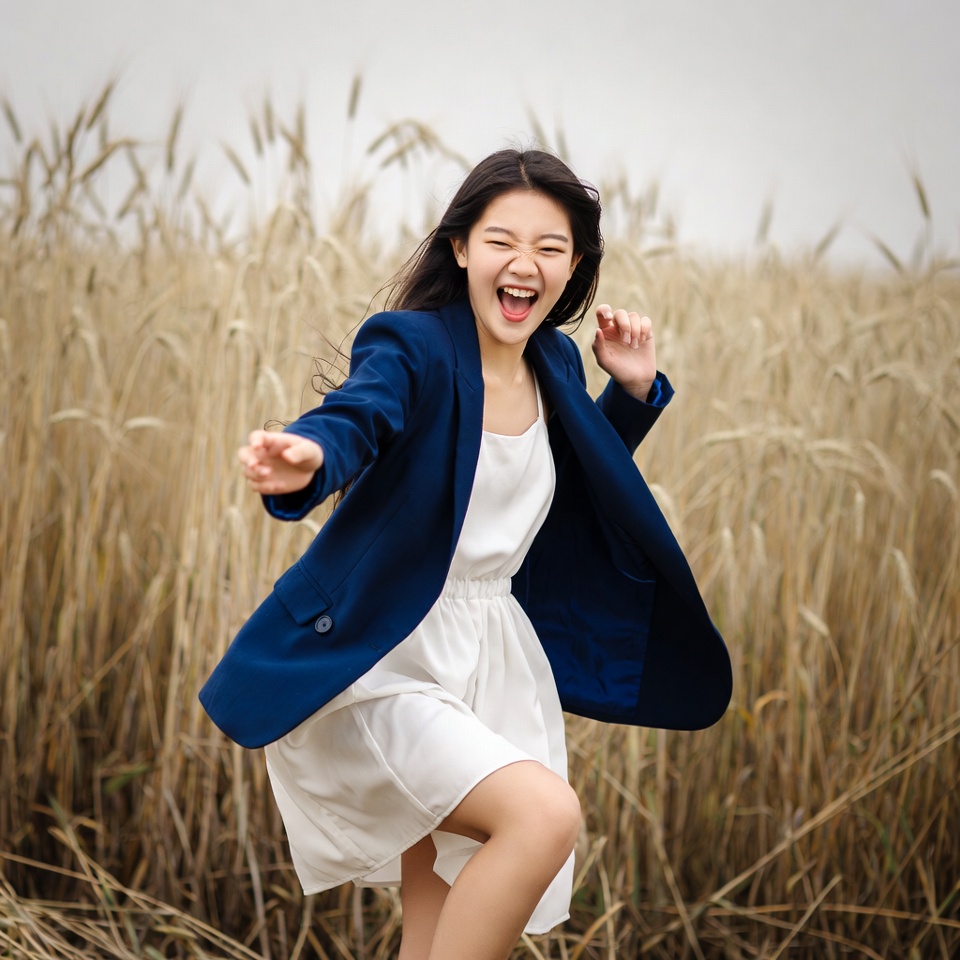 Asian woman laughing in wheat field Asian woman laughing in wheat field