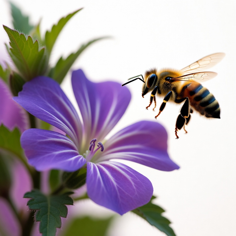 Bee pollinating purple geranium flower Bee pollinating purple geranium flower