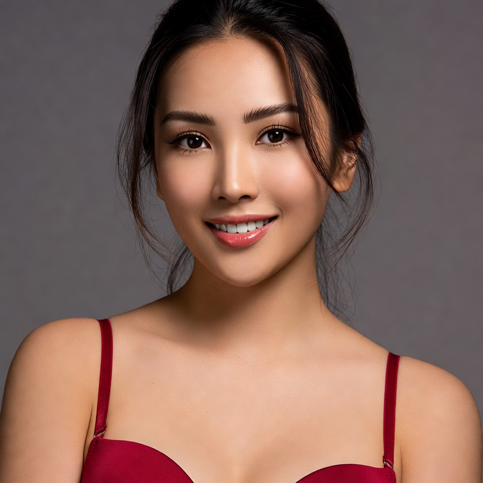 Asian woman smiling in red bra Asian woman smiling in red bra