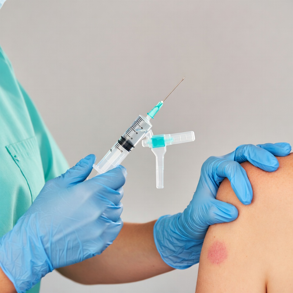 Nurse administering vaccine injection Nurse administering vaccine injection