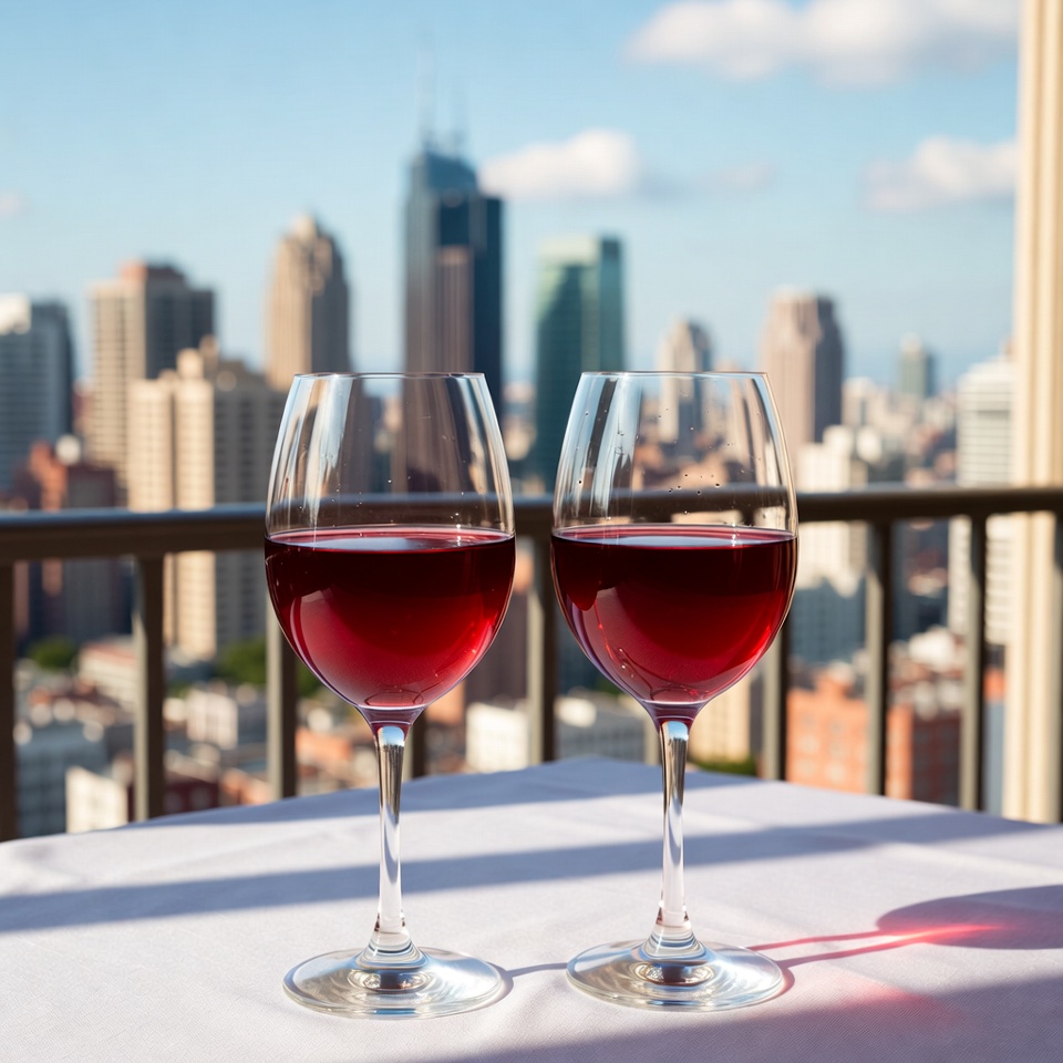 Two red wine glasses city skyline Two red wine glasses city skyline