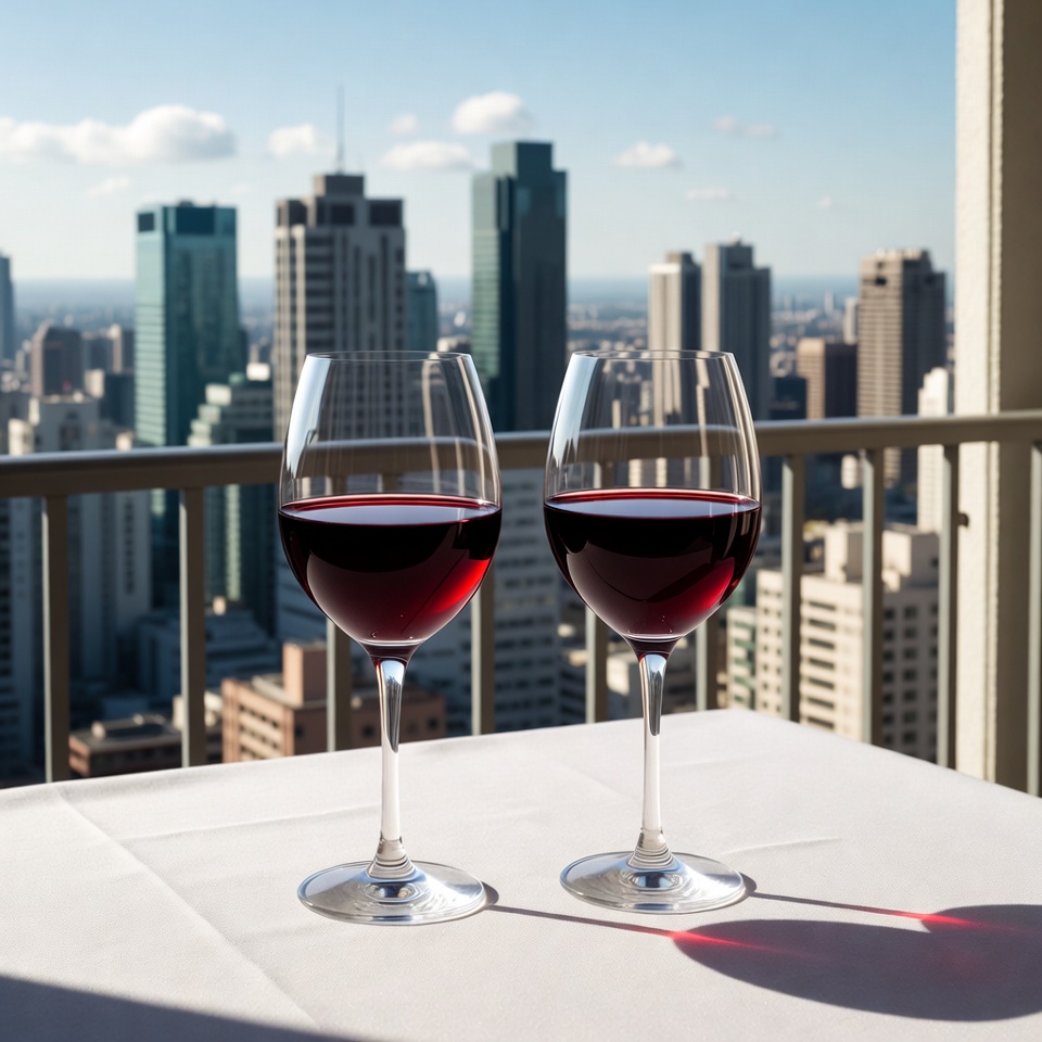 Two red wine glasses on balcony Two red wine glasses on balcony