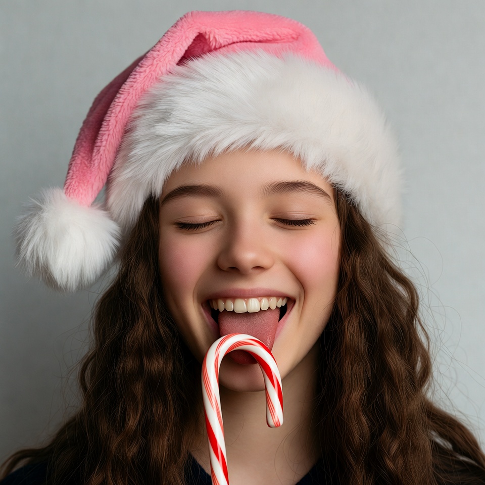 Girl licking candy cane with Santa hat Girl licking candy cane with Santa hat