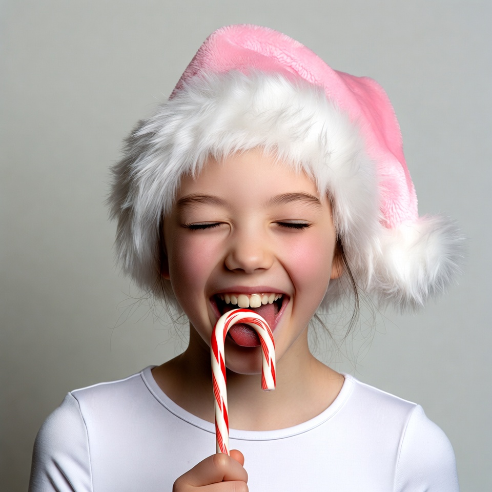 Girl eating pink candy cane Santa hat Girl eating pink candy cane Santa hat