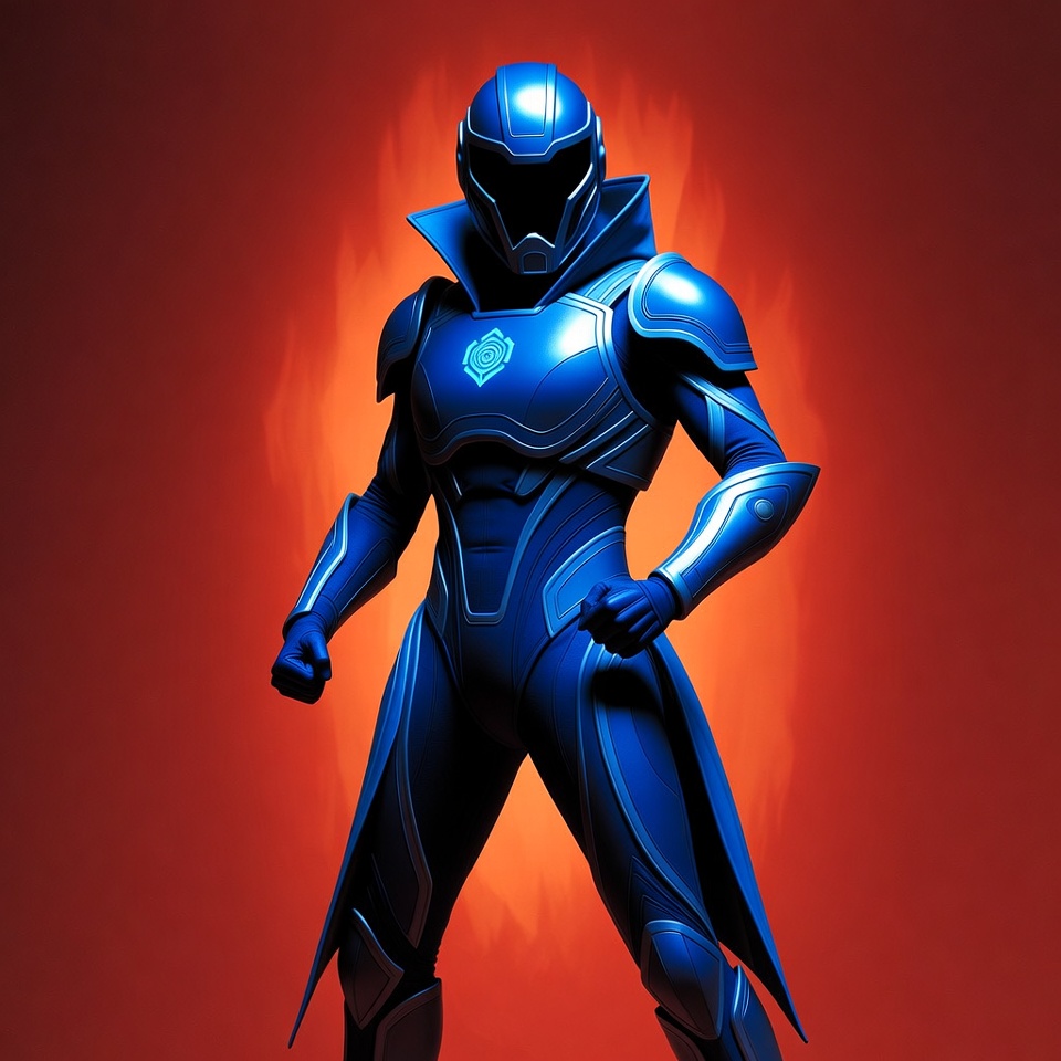 Blue armored warrior in fiery background Blue armored warrior in fiery background
