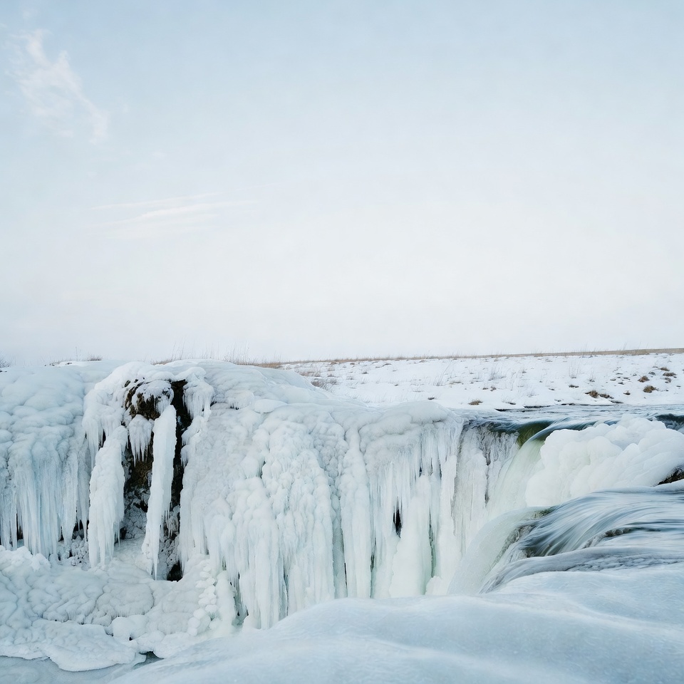 Frozen Waterfall in Snowy Landscape Frozen Waterfall in Snowy Landscape