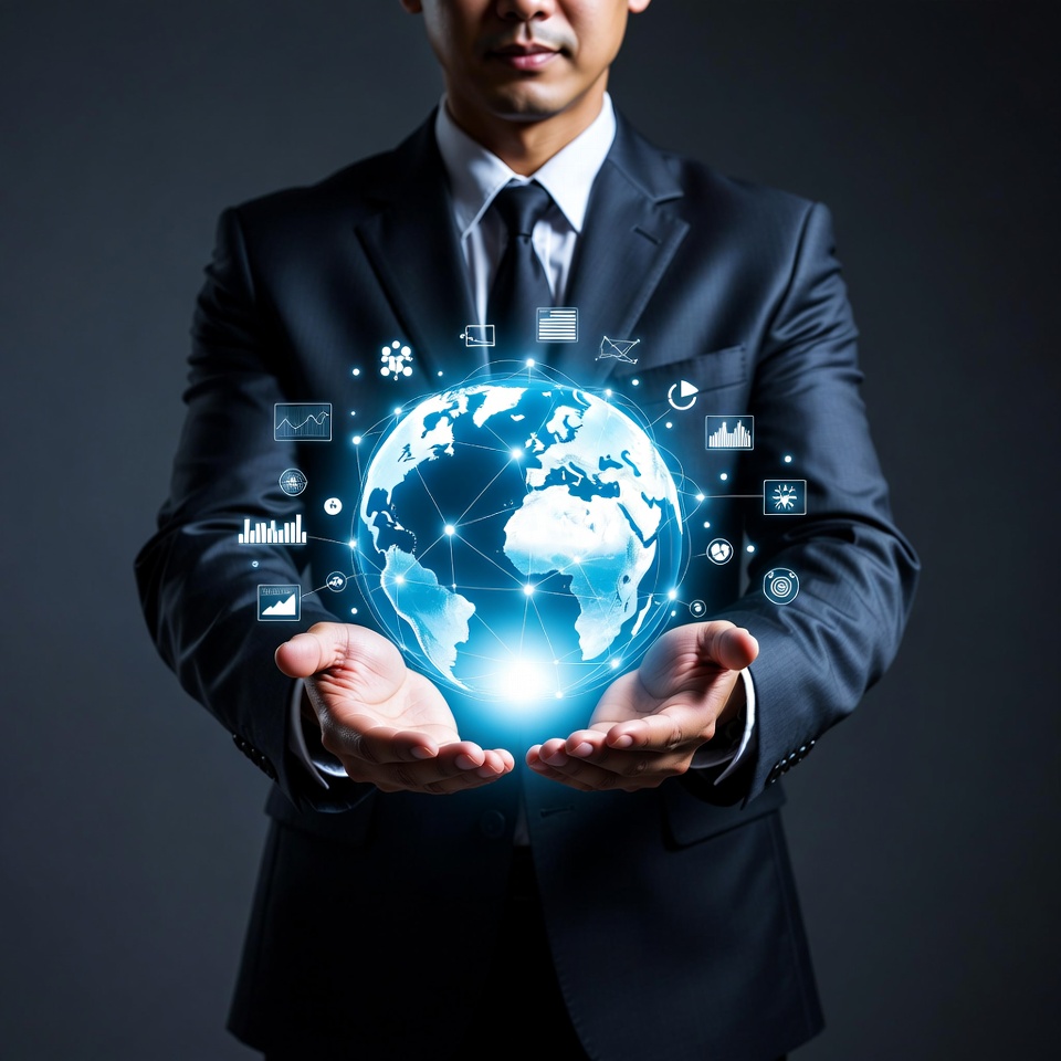 Asian businessman holding digital globe Asian businessman holding digital globe