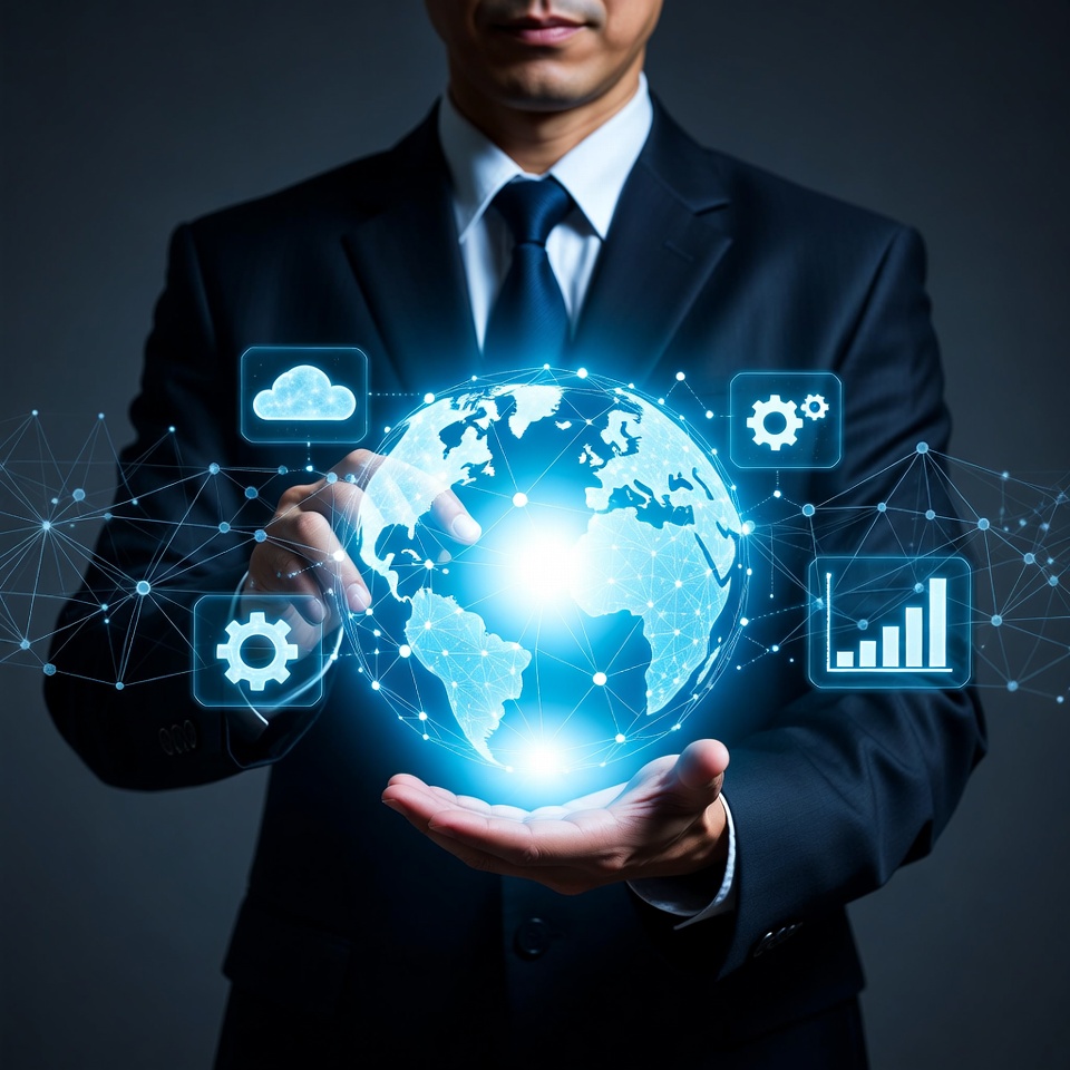 Asian businessman holding glowing globe Asian businessman holding glowing globe