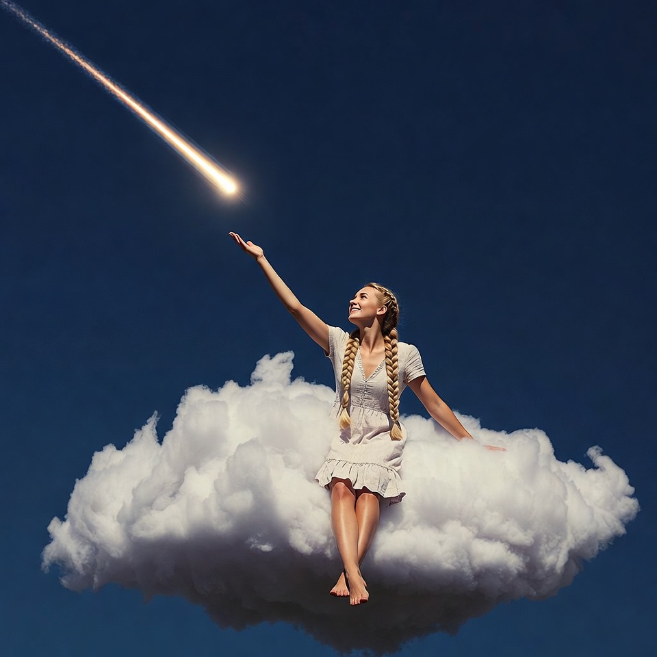Woman reaching for shooting star on cloud Woman reaching for shooting star on cloud