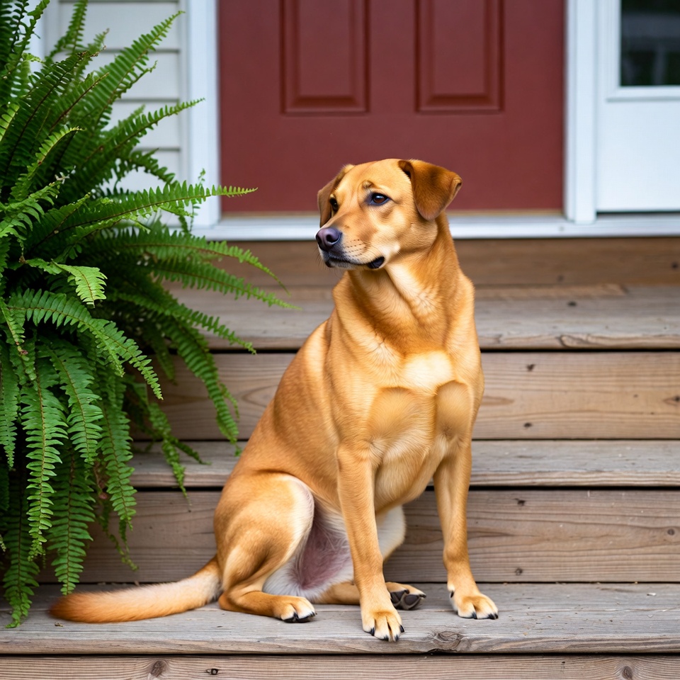 Yellow Labrador sitting on porch steps Yellow Labrador sitting on porch steps
