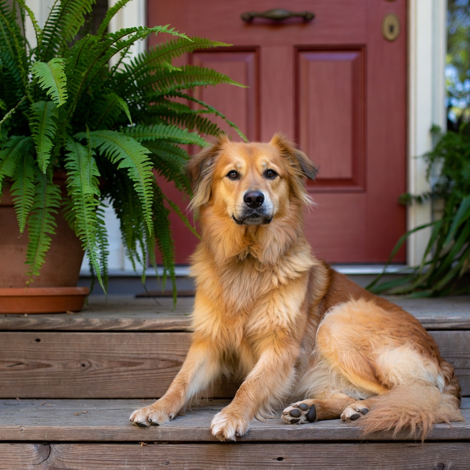Golden dog sitting on porch steps Golden dog sitting on porch steps