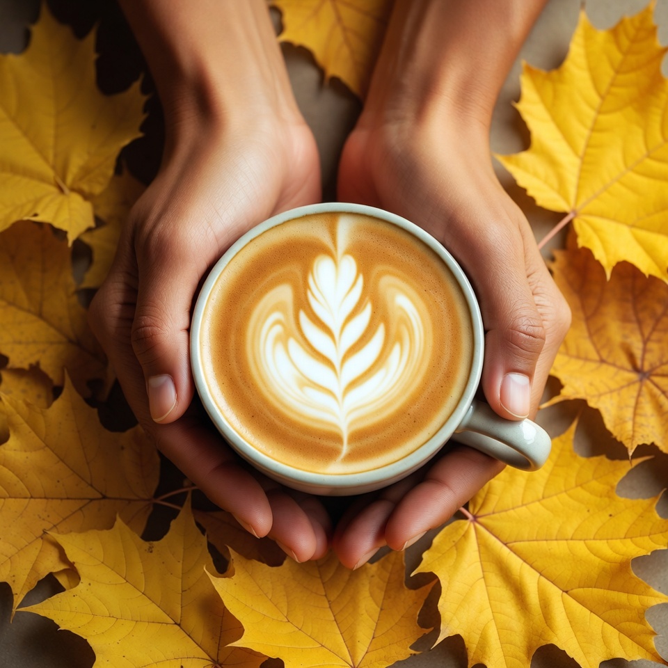Hands holding latte surrounded by autumn leaves Hands holding latte surrounded by autumn leaves