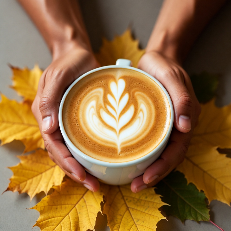 Hands Holding Latte with Maple Leaves Hands Holding Latte with Maple Leaves
