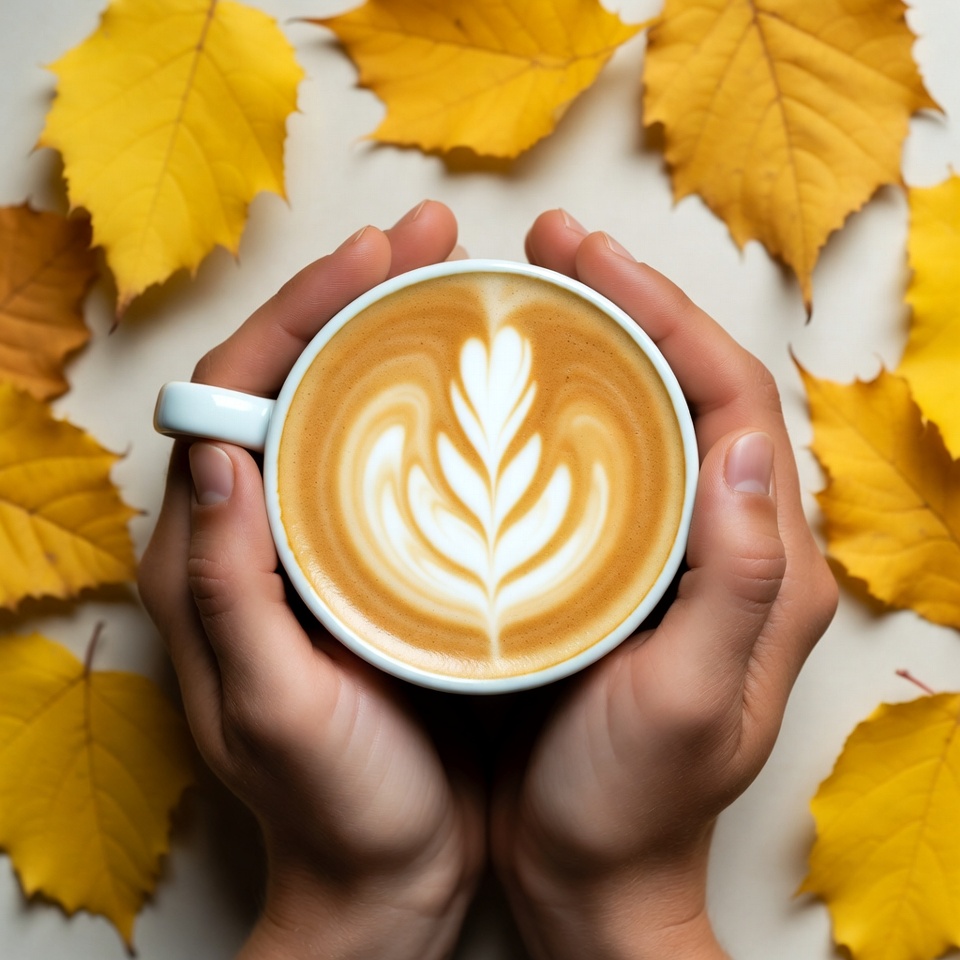 Hands holding latte with fall leaves Hands holding latte with fall leaves